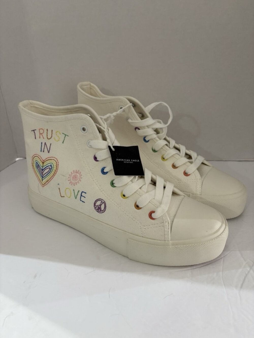 American Eagle Pride Sneakers Women 9 White Canvas High-Top Trust in Love Shoes